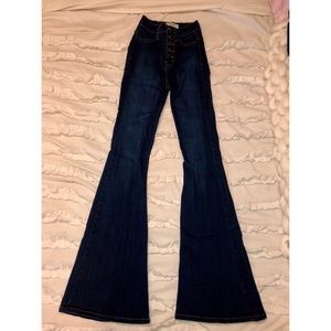Vibrant High Wait Button Flare Jeans (Dark Blue)